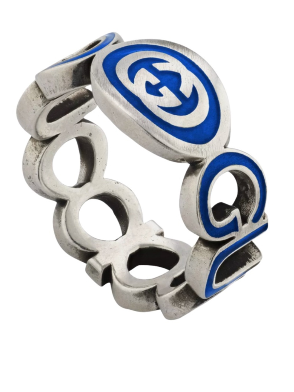 Gucci Sterling Silver Interlocked G Blue Enamel Logo Ring Size 13/6.5 US